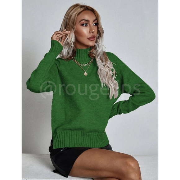 Forrest Green Knit Turtleneck Pullover Sweater Long Sleeve Side Slits - Picture 2 of 9